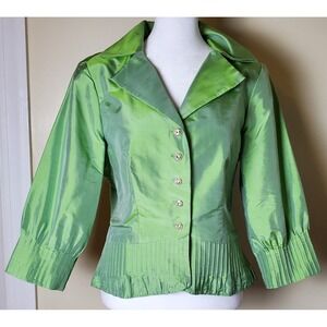 Marisa Baratelli Thai Silk Lime Green Iridescent Rhinestone‎ Button Front Blouse